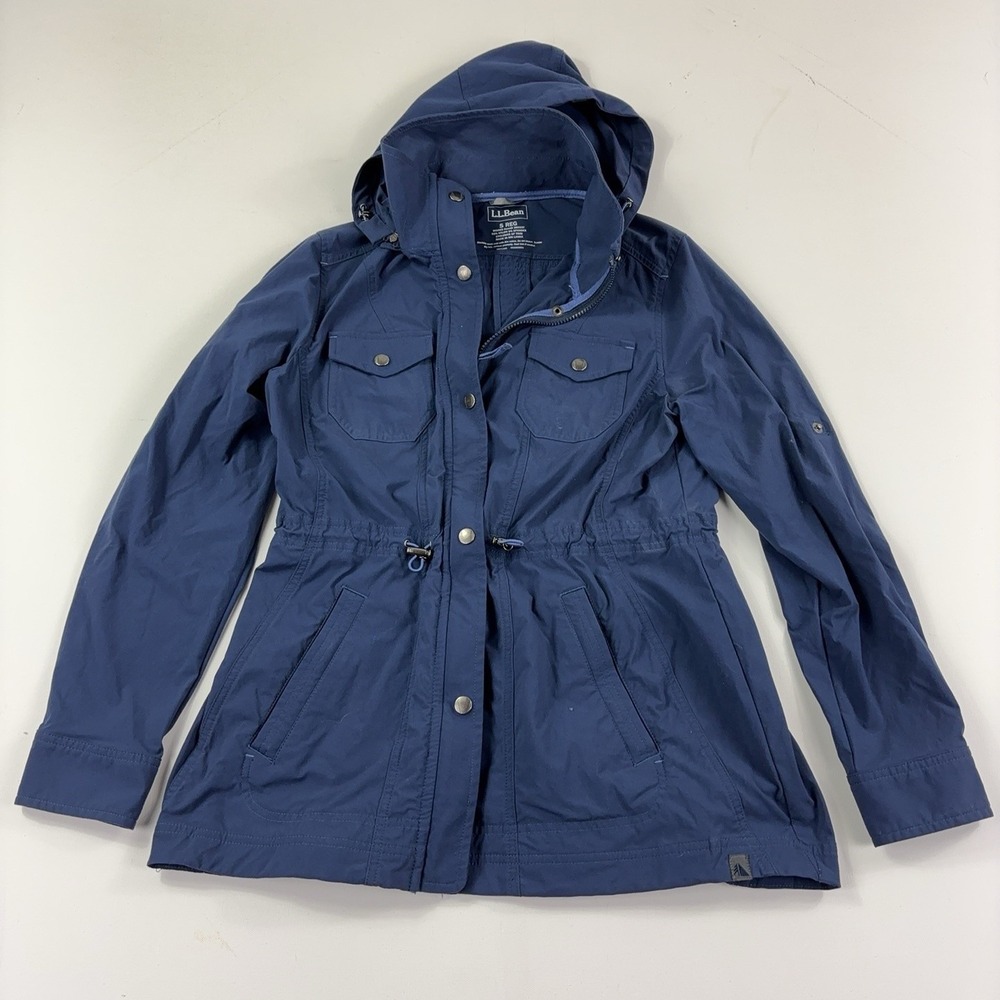 L.L. Bean Coat Womens Small Blue Nylon Hooded Anorak Zip Pockets Drawcord Waist